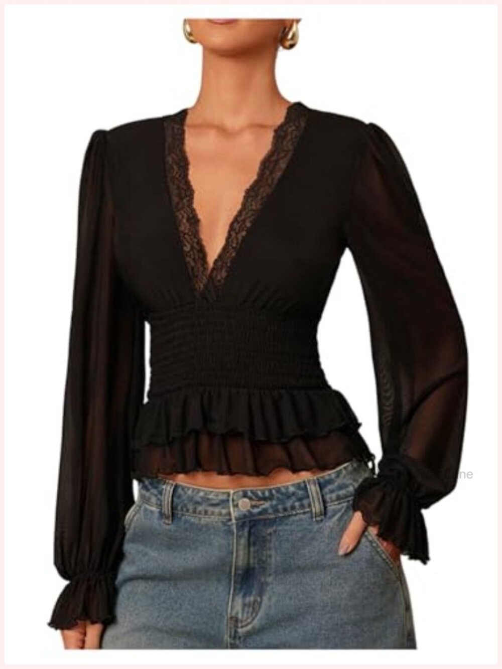 Women's Y2K Cinched Waist Lace Long Sleeve Peplum Blouse Top